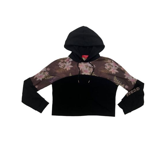 Guess Los Angeles hoodie women’s large black floral cropped long sleeve sheer - Picture 4 of 7